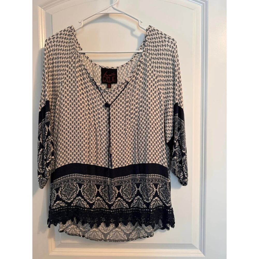 French Blue Boho Paisley Print Blouse - Petite L - Crochet Trim Detail